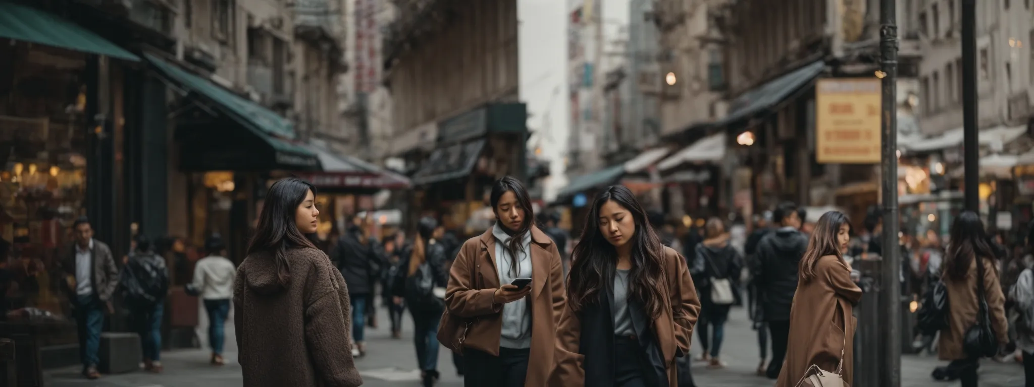 a person casually browsing content on a mobile phone while walking in a bustling city street.