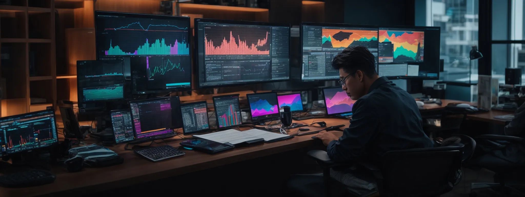 a marketer sits at a modern desk with dual monitors displaying colorful analytical graphics while sending tweets on a smartphone.