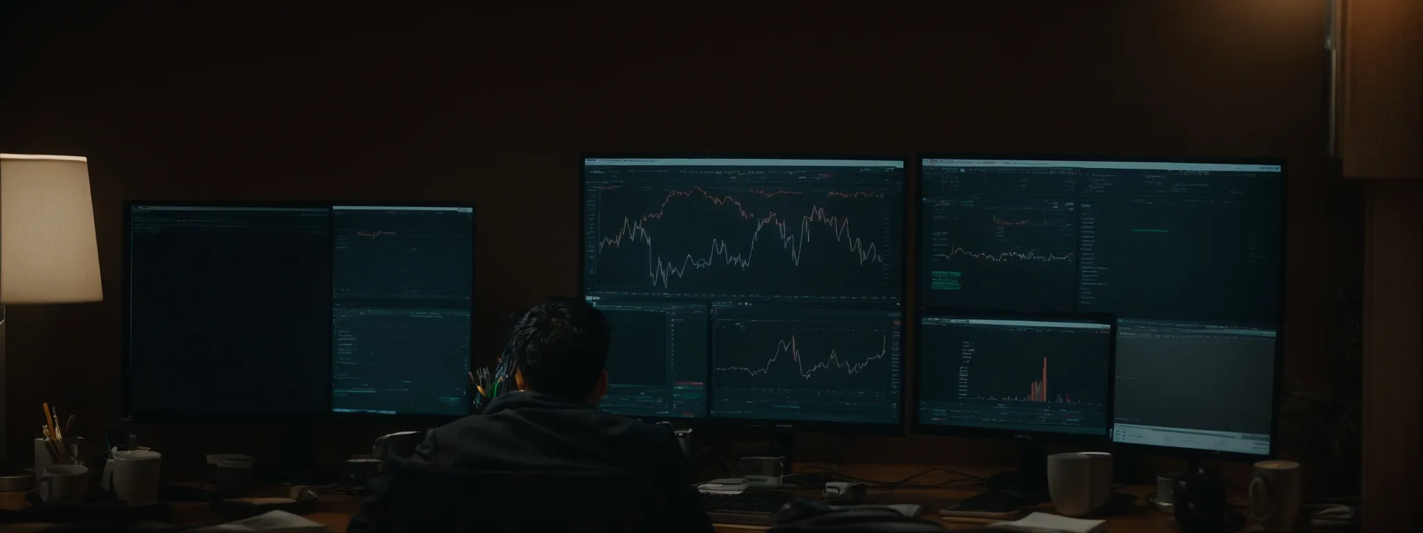 a person sitting at a desk with a computer, analyzing an seo metrics dashboard on their screen.