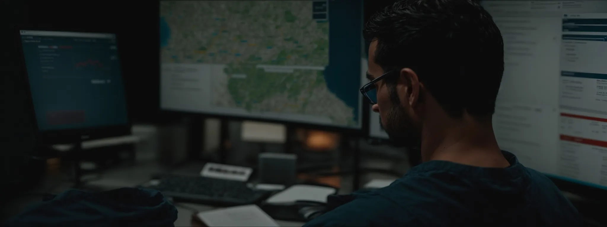 a strategist intently analyzes a dashboard displaying website traffic and search engine rankings.