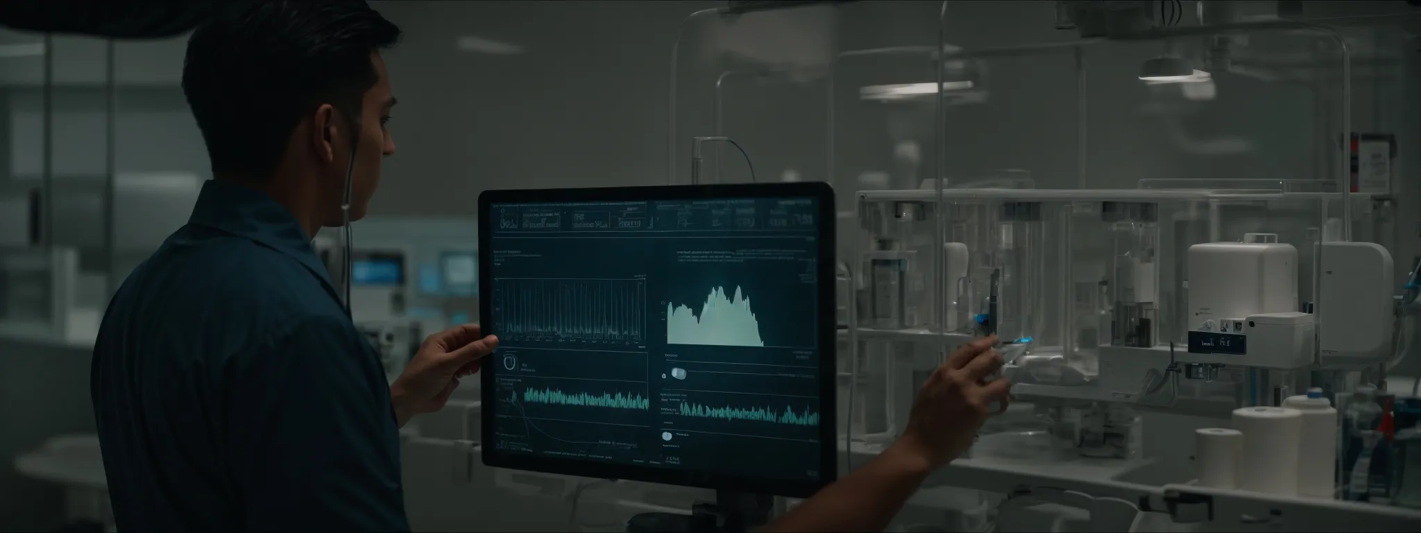 a healthcare professional engages with an interactive digital interface showcasing various medical devices.