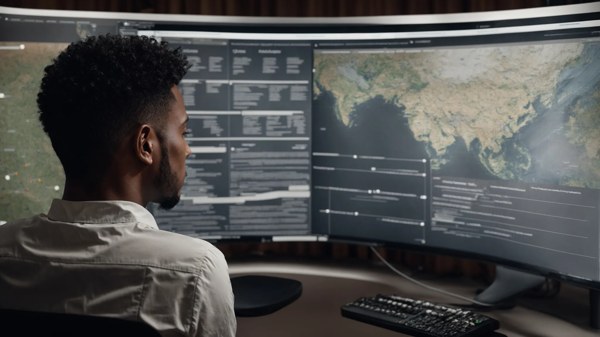 an individual analyzing a website sitemap and user flow chart on a large monitor to optimize the structure for search engine ranking and minimize click depth.