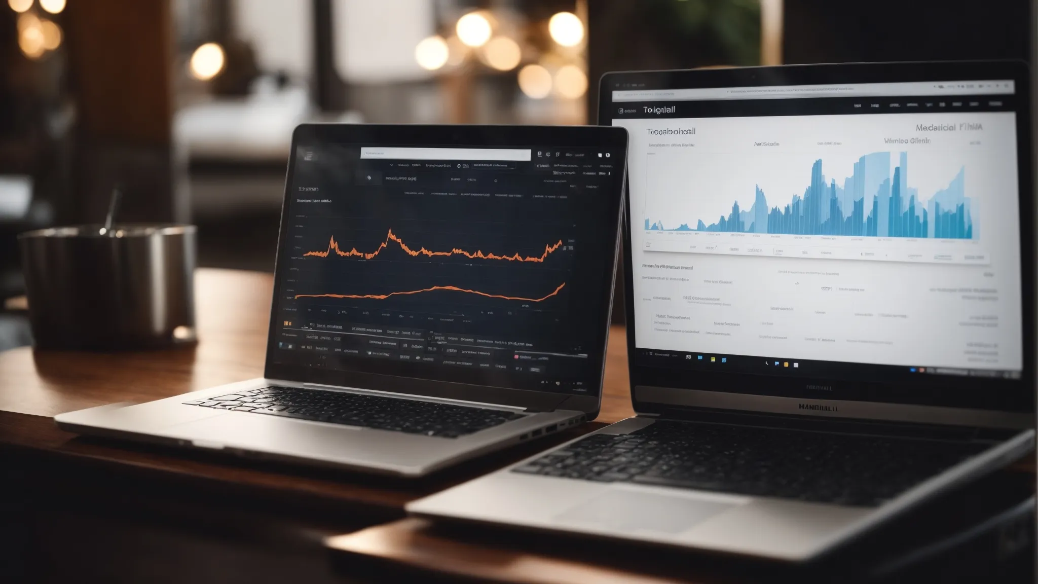 a laptop screen displaying graphs and analytics data with the firefox browser and an identifiable seo extension toolbar.