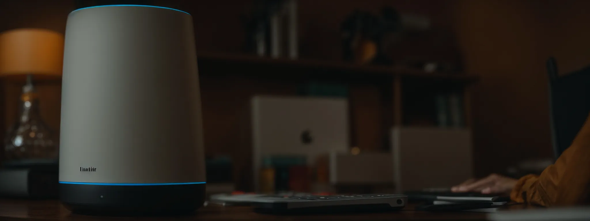 a person speaking to a smart speaker on a desk.