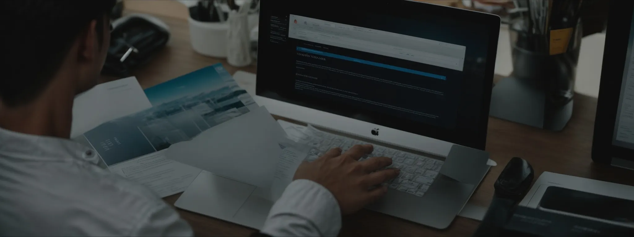 a person sitting at a desk interacts with a well-organized website on a computer screen, revealing distinct, clear headings.