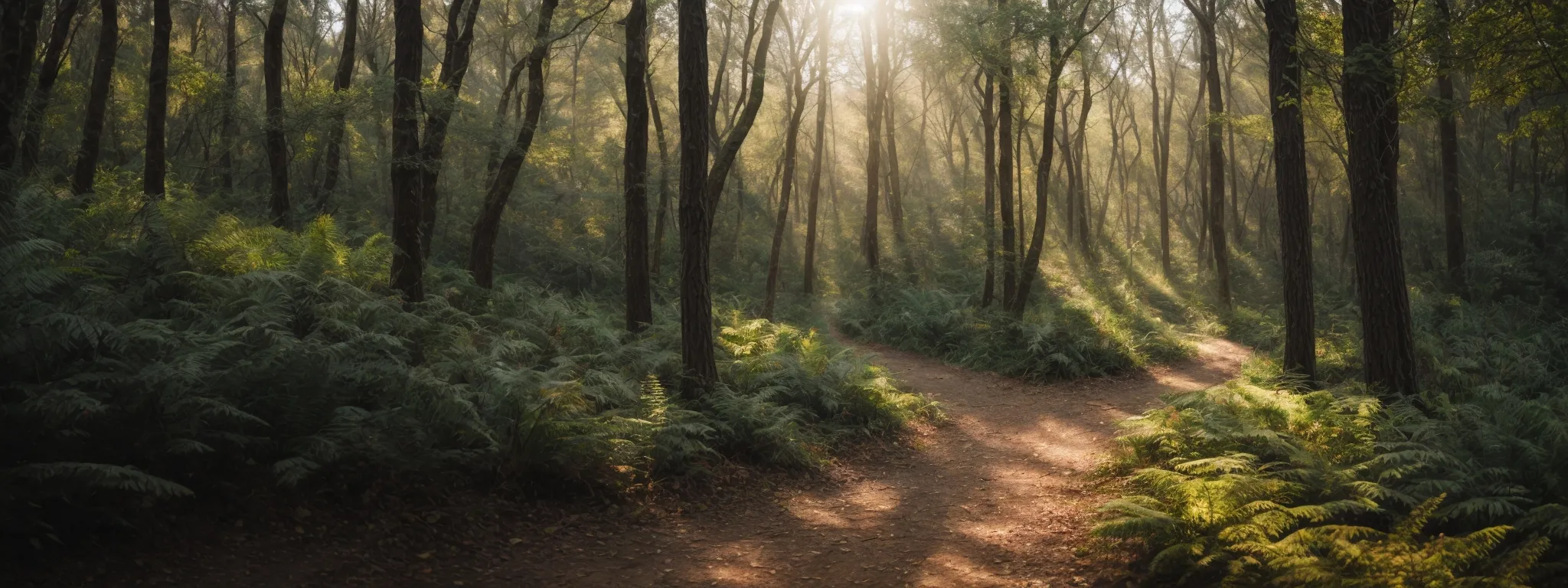 two distinct yet intertwined paths in a forest converge towards a sunlit clearing, symbolizing the unified objective of seo and ppc in the digital marketing landscape.