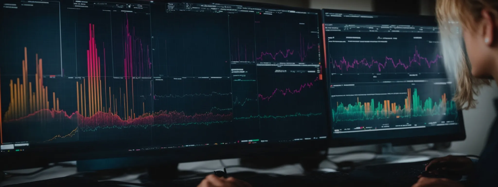 a person analyzes colorful graphs and charts on a computer screen, reflecting podcast performance metrics.