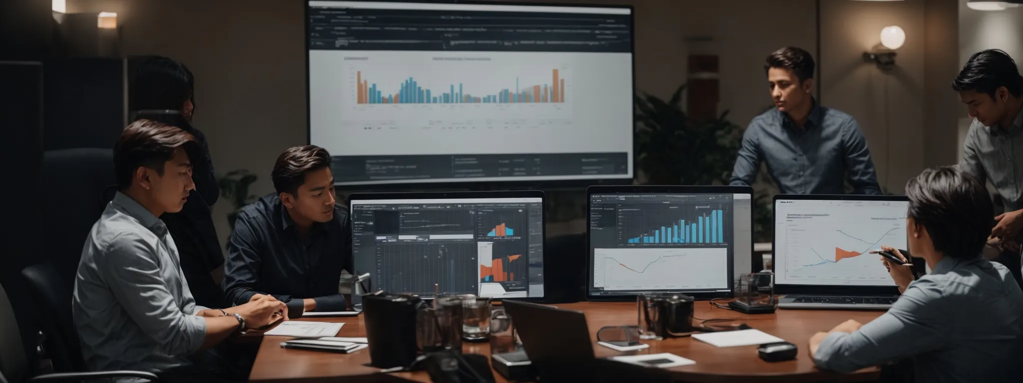 a digital marketing team gathers around a conference table, engrossed in a strategic planning session with a laptop displaying analytics charts.