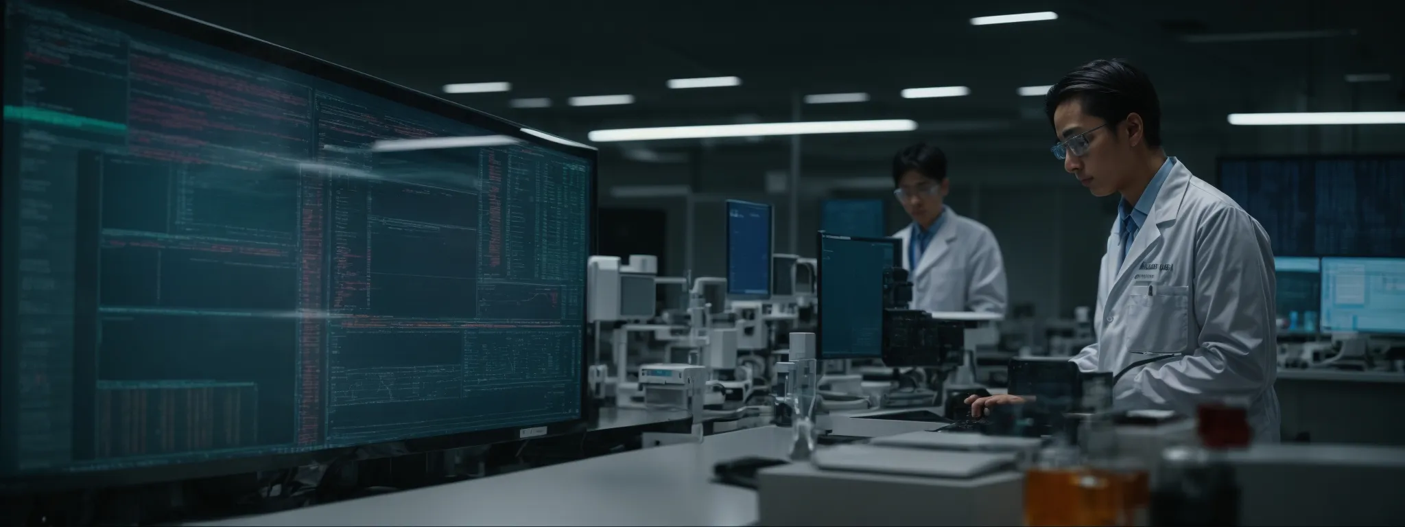 a scientist is analyzing data on a computer screen in a modern laboratory.