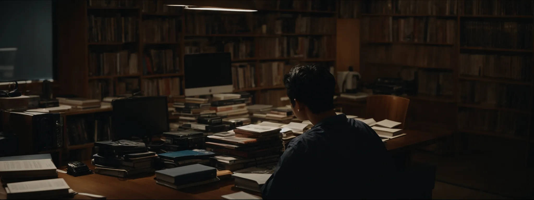 a person sitting in front of a computer with multiple open books, deeply engrossed in researching a complex topic.