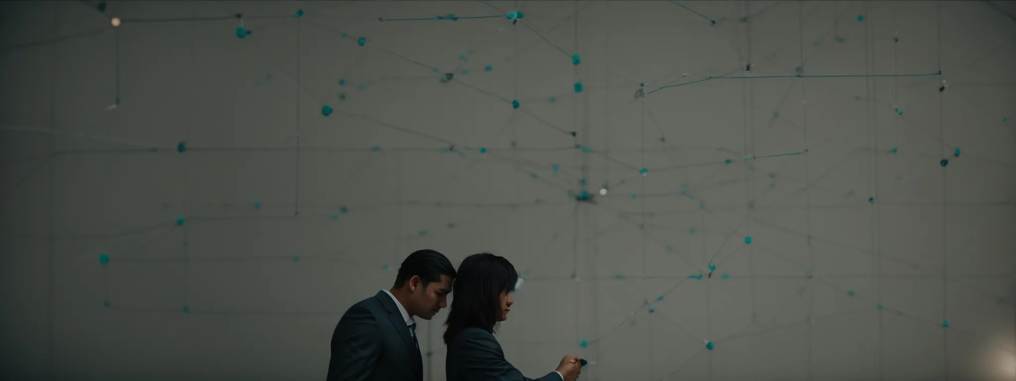 two professionals shaking hands in front of a network diagram representing collaborative strategy.