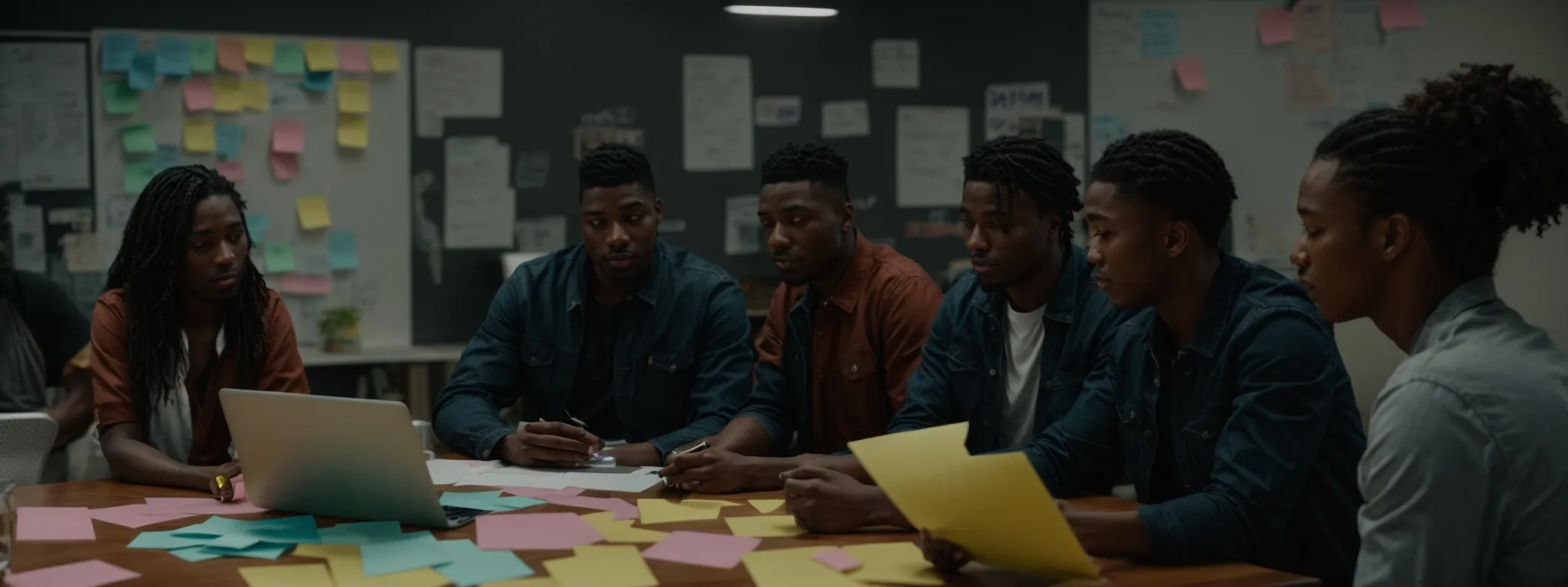 a diverse group of people brainstorming around a large table with an open laptop, sticky notes, and a whiteboard in the background.