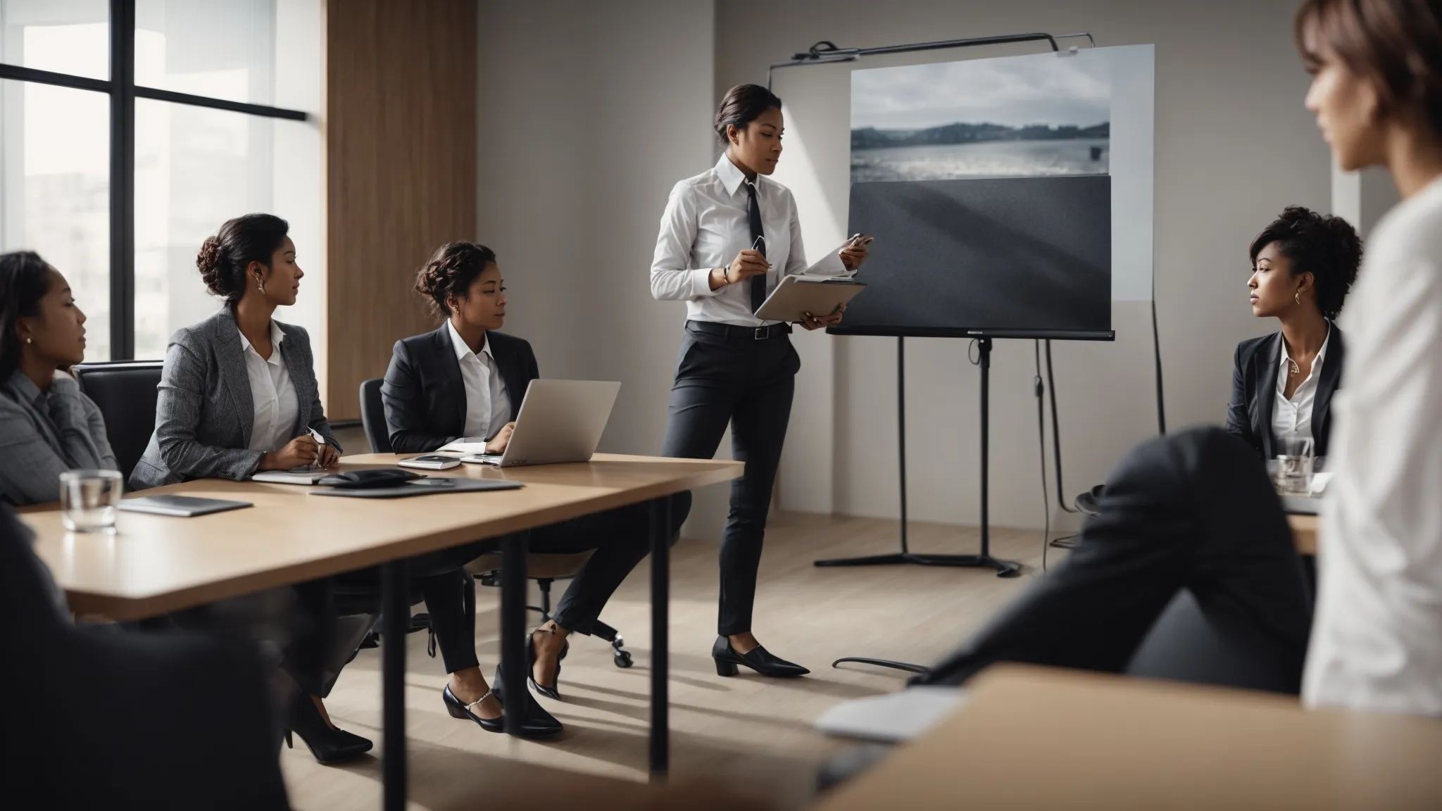 a person giving a presentation in a modern office to a team of attentive professionals.