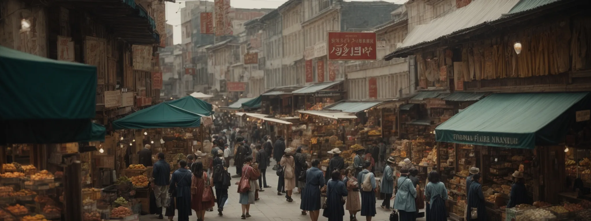 a bustling marketplace scene with various stores, shoppers, and a clear view of the shop signs, symbolizing the broadening of a store's reach.