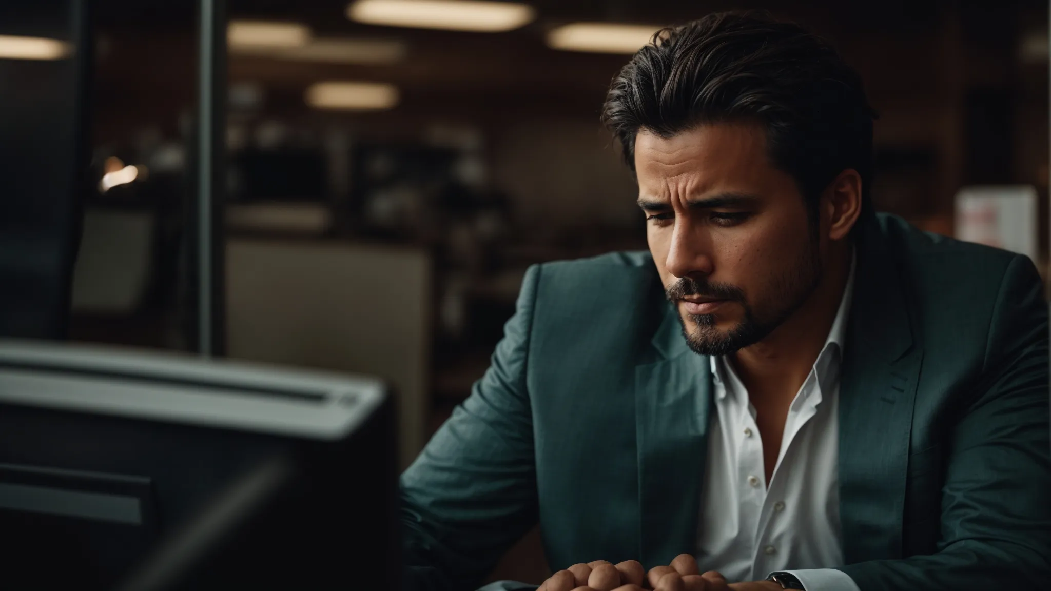 a frustrated business owner stares at a computer screen with an error message.