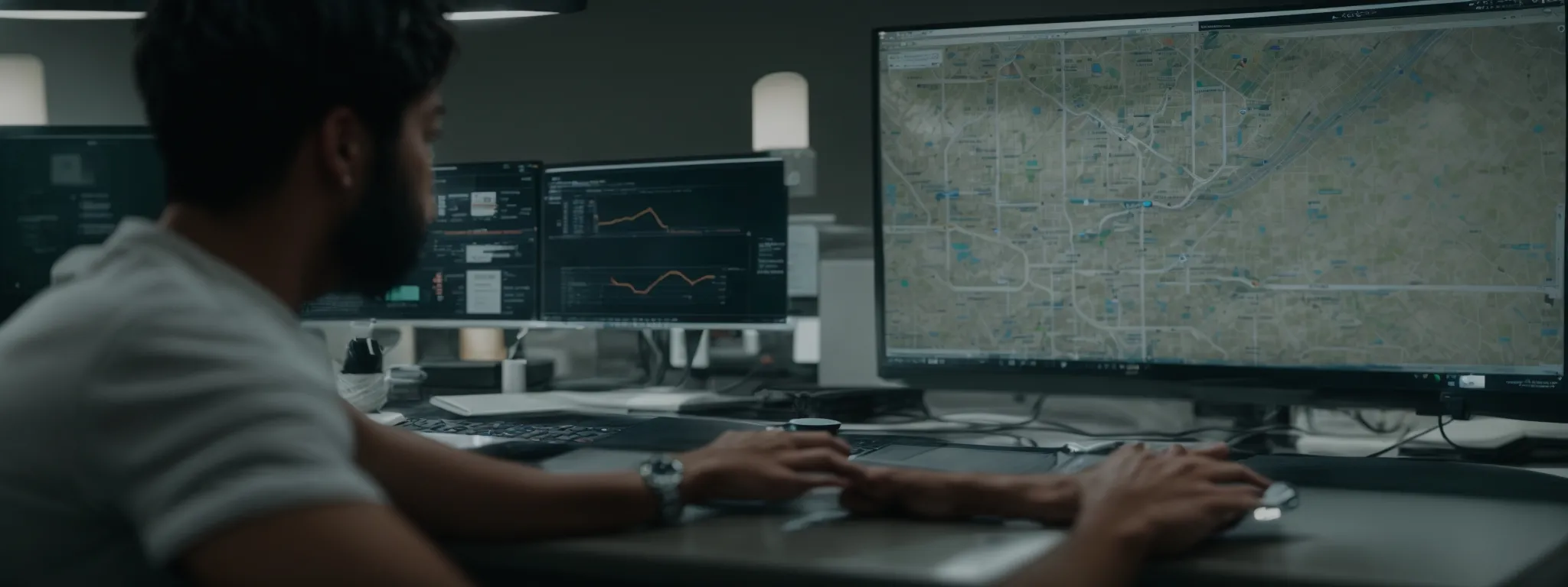 a person at a computer navigates through a digital web layout symbolizing seo strategy implementation.