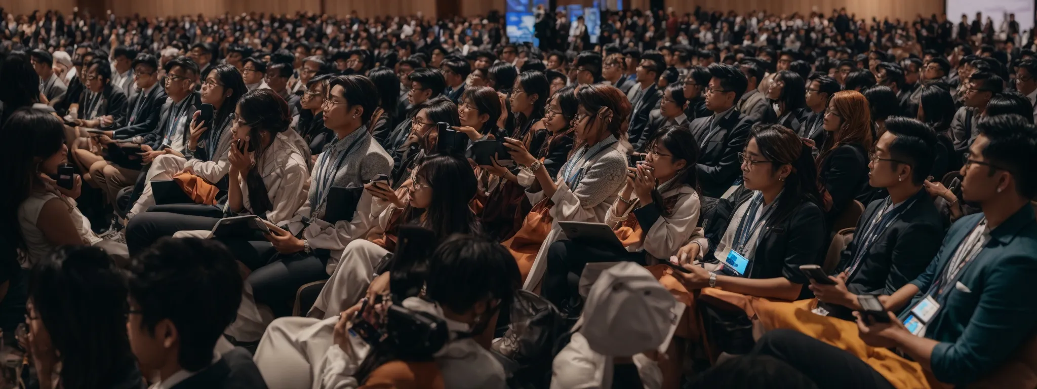 a dynamic speaker presents to an attentive audience with smartphones at a tech conference on mobile optimization.