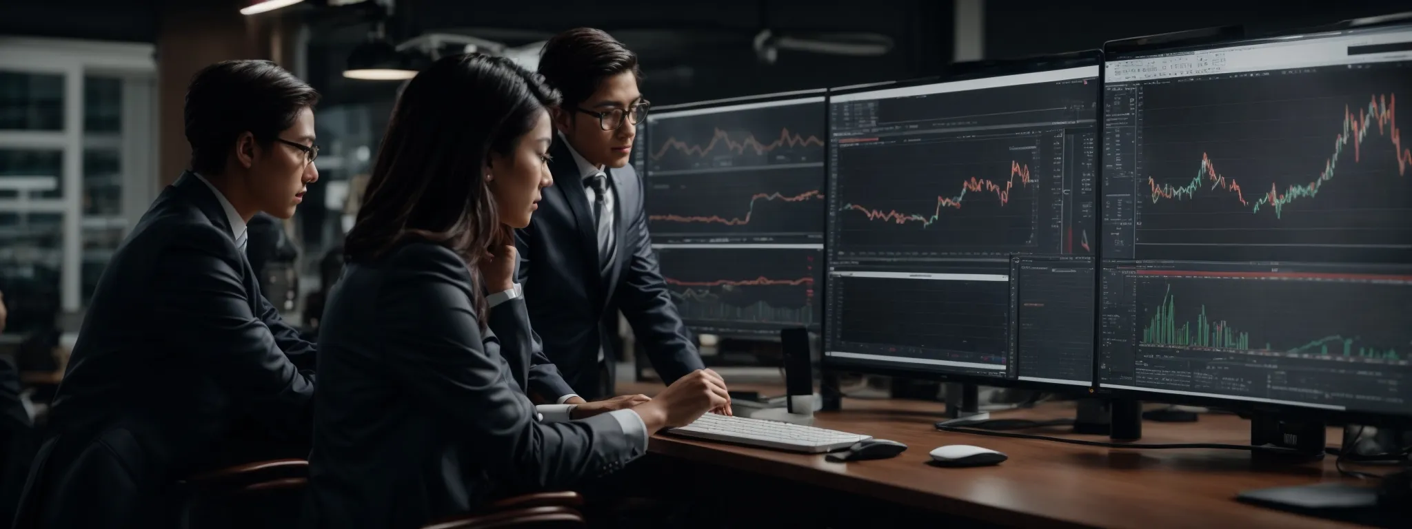 a marketing team scrutinizes analytics dashboards on computer screens, tracking online brand mentions and search engine rankings.