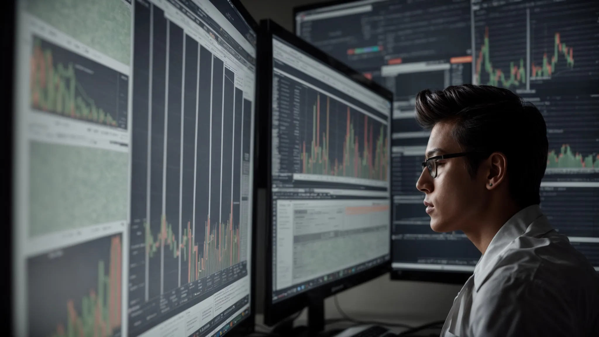 a person analyzing clear, bold headlines on a large computer monitor, with graphs showing website traffic growth.