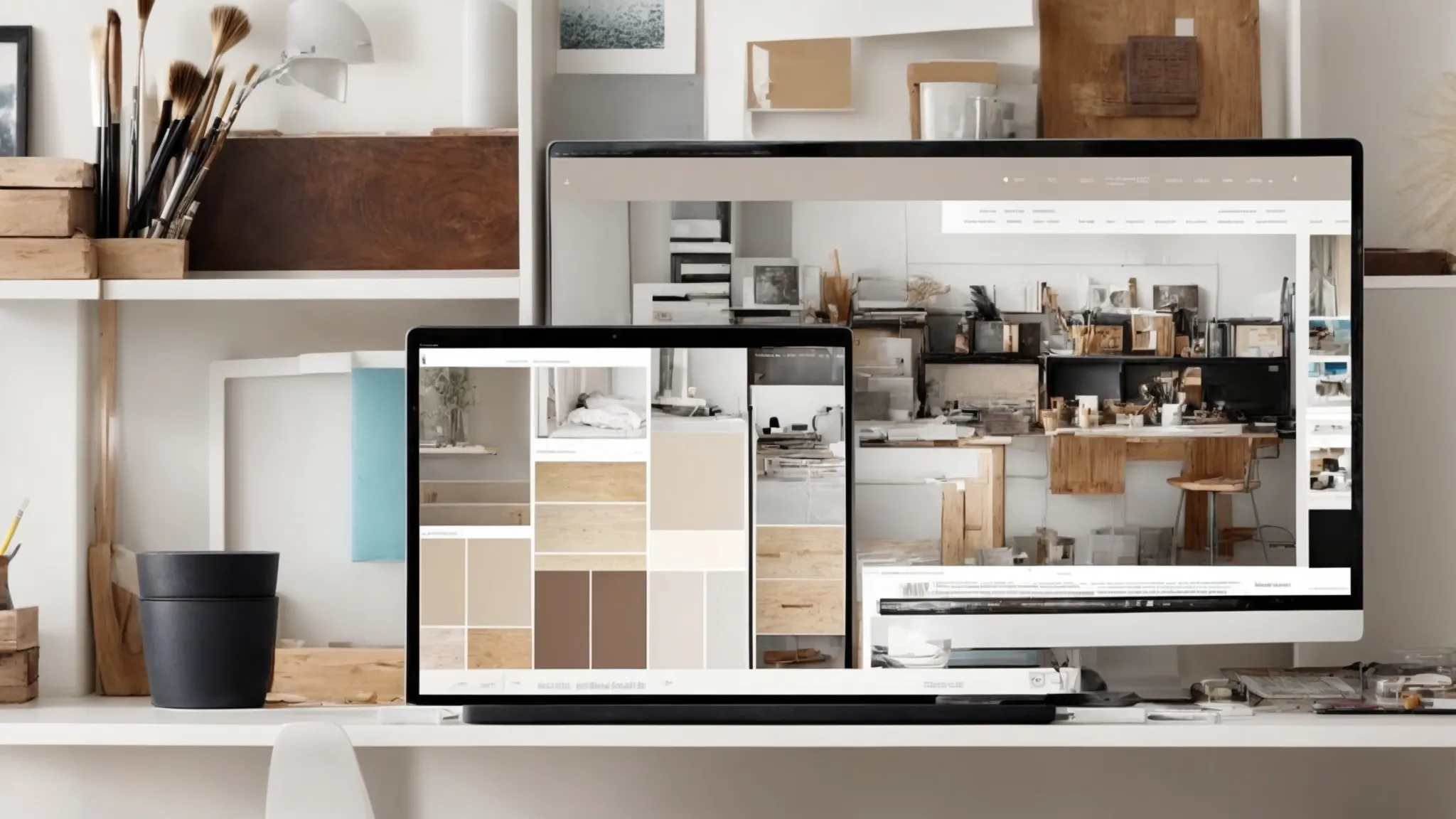 a painter's website on a computer screen showing before and after room transformations with a color palette and paintbrushes on the desk.