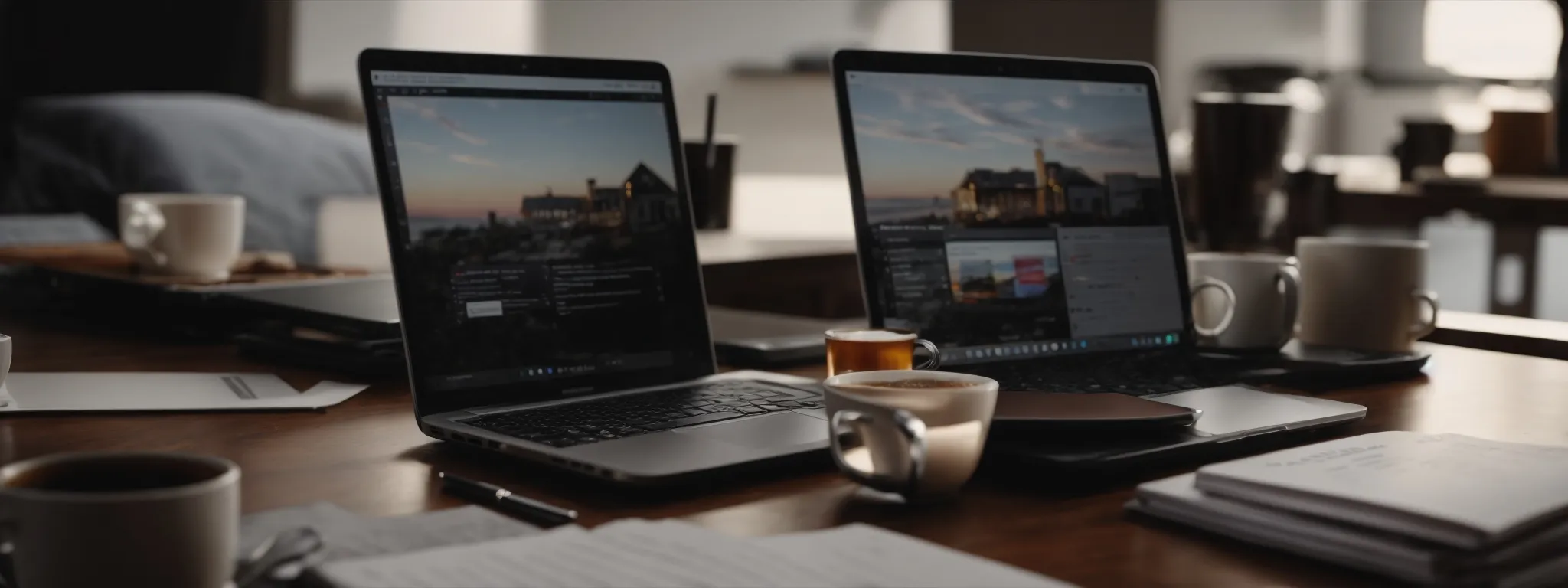 a laptop open on a table with a notepad and a cup of coffee beside it, indicating a work environment focused on content creation and digital marketing.