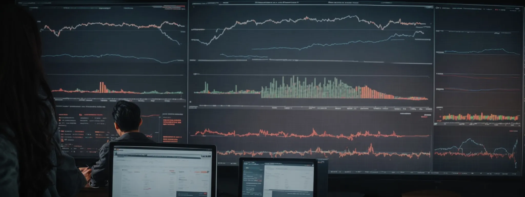 a person analyzing graphs and charts on a large screen displaying website analytics data.