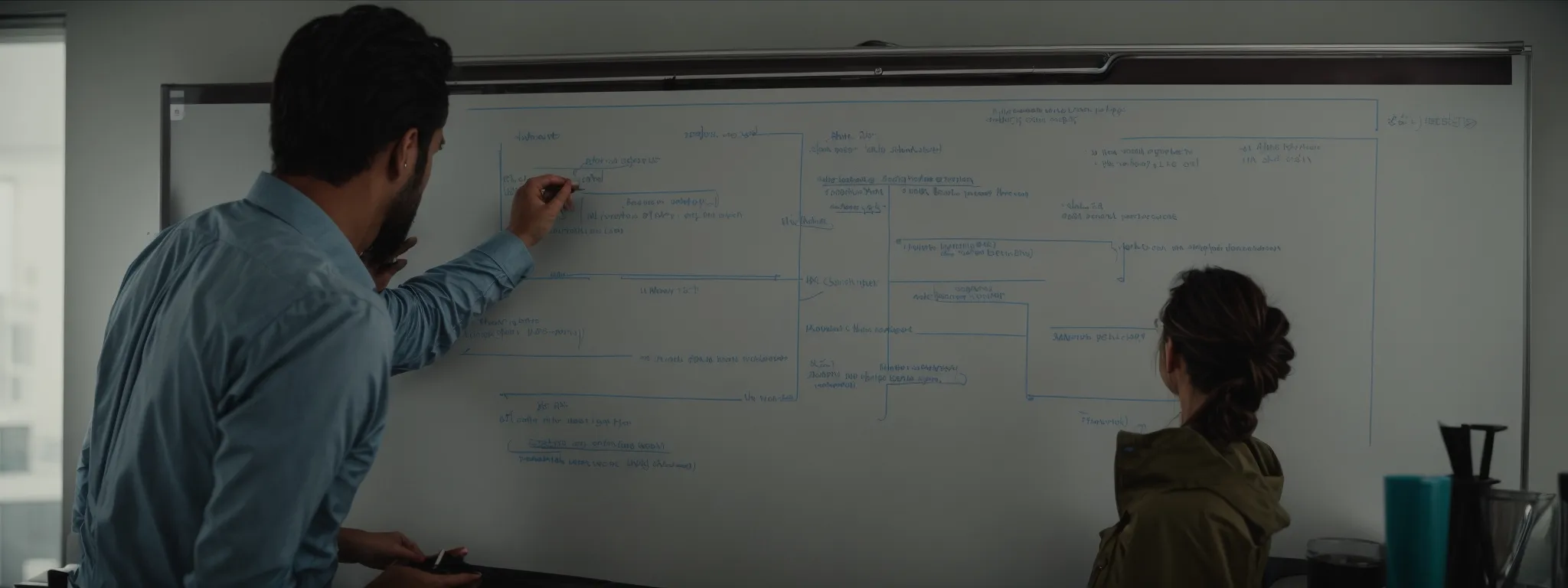 a marketer studies a flowchart on a whiteboard, plotting out schedules and tasks.