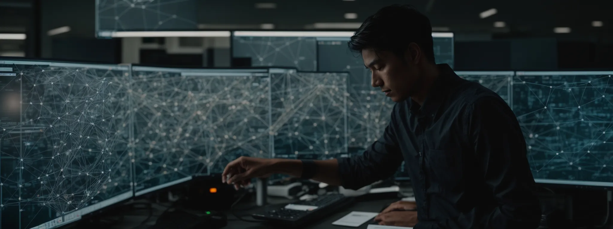 a person in a modern office points at a computer screen displaying a network of interconnected web nodes, embodying the concept of building a digital network.