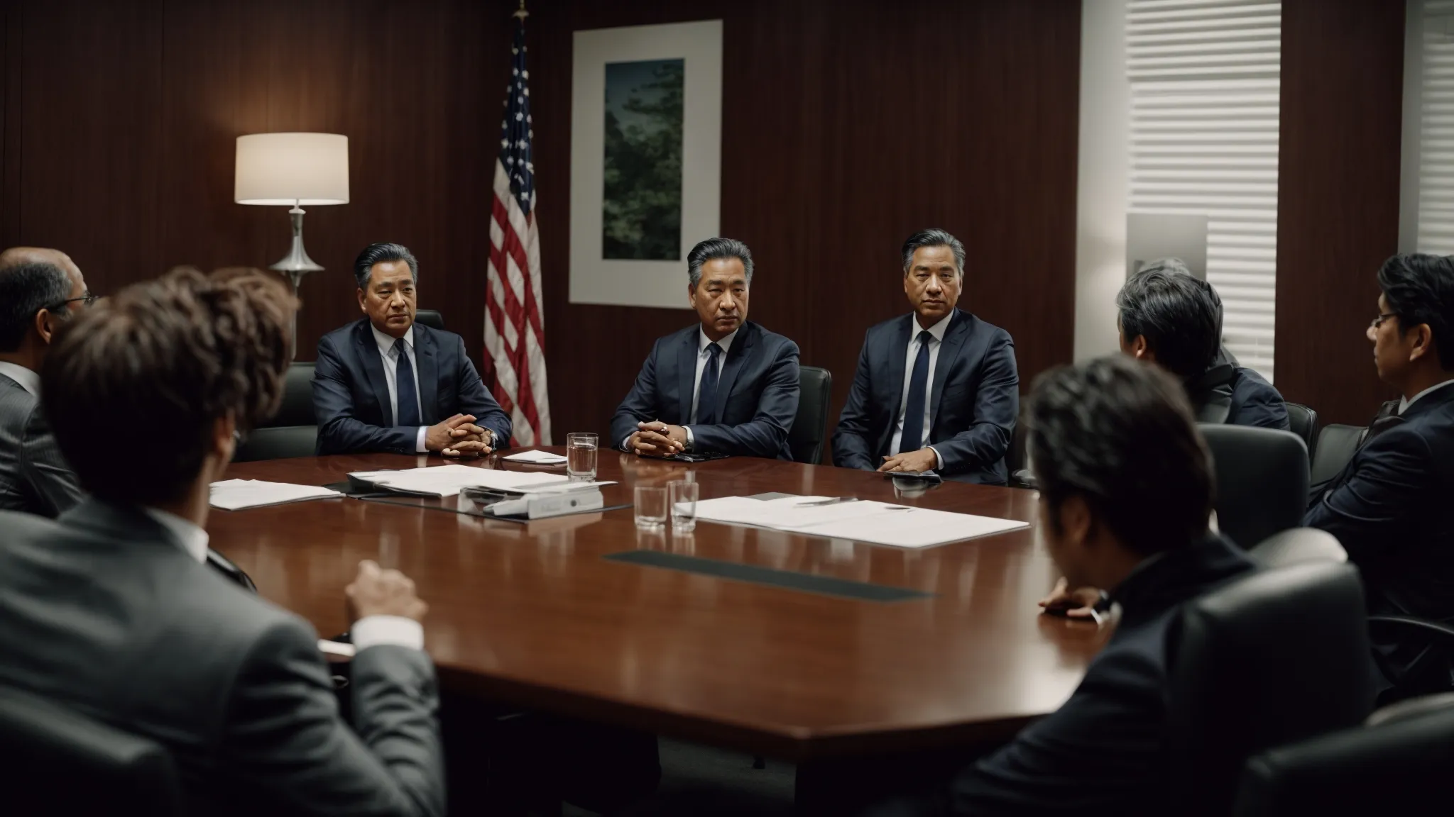 a group of professionals gathered around a conference table, engaged in a discussion.