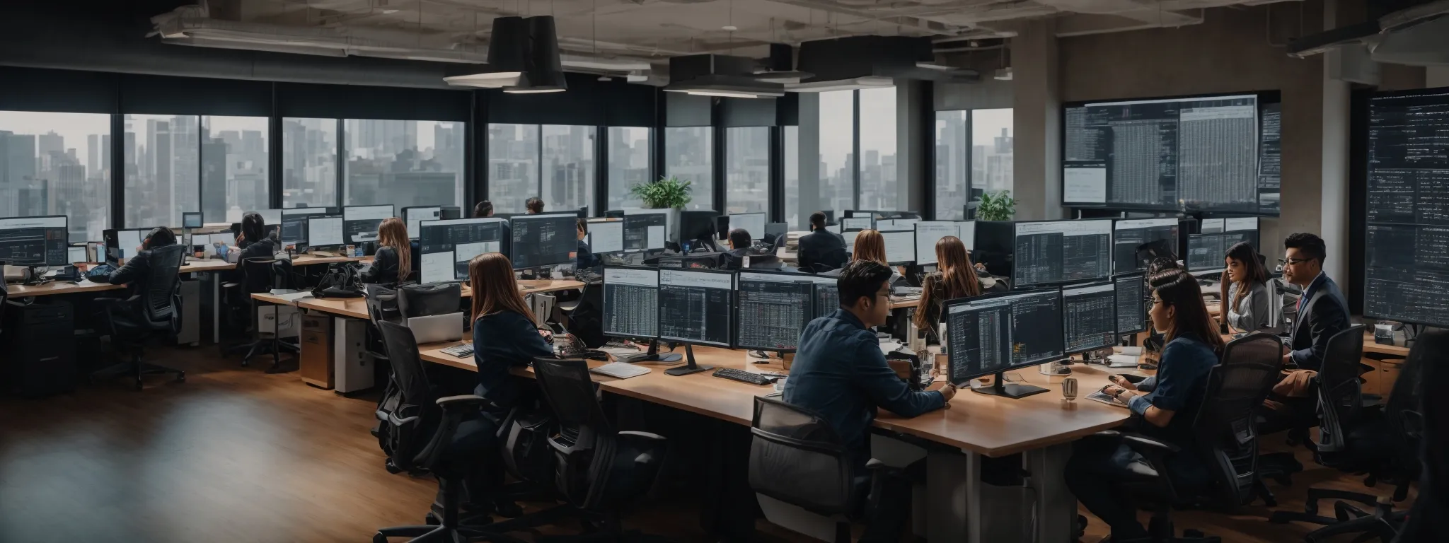 a bustling digital marketing office with professionals analyzing data-driven seo strategies on multiple computer screens.