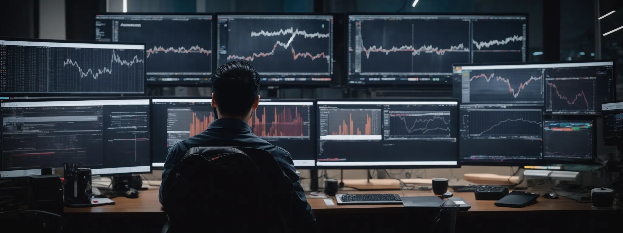 a person sits at a modern workstation with multiple screens displaying graphs and social media analytics.