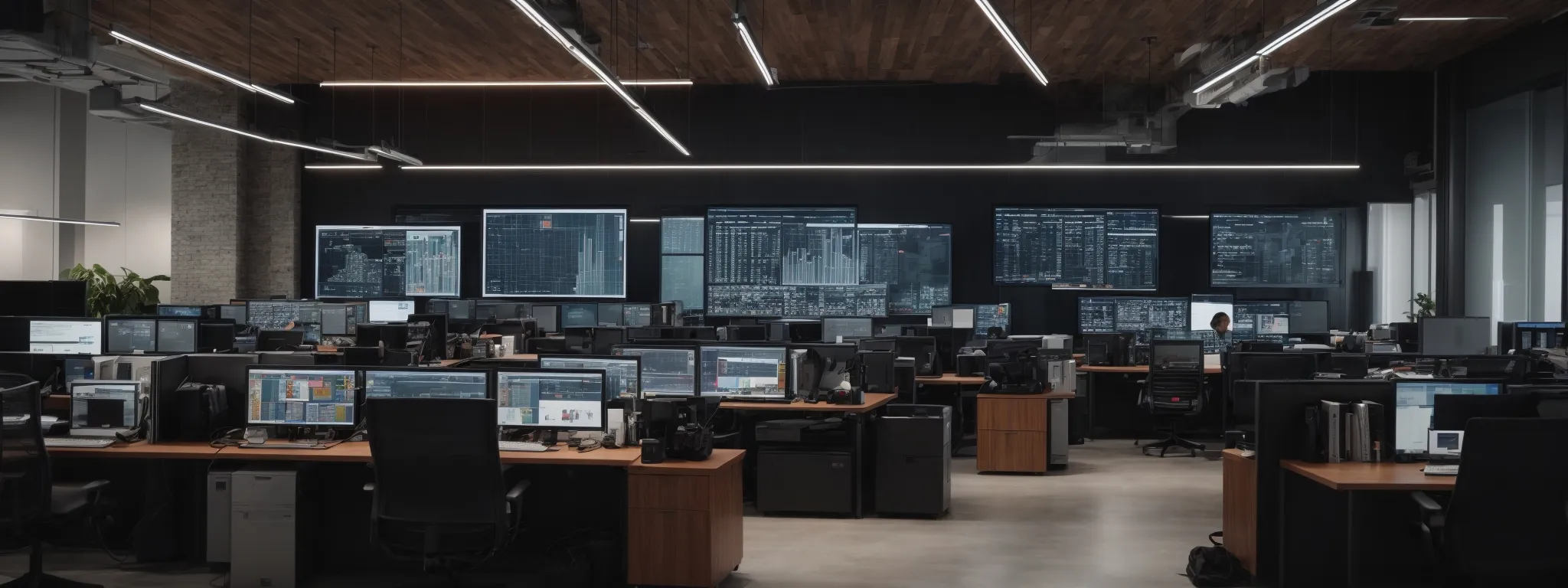 a modern office with computers displaying graphs and algorithms, symbolizing google's automated systems at work.