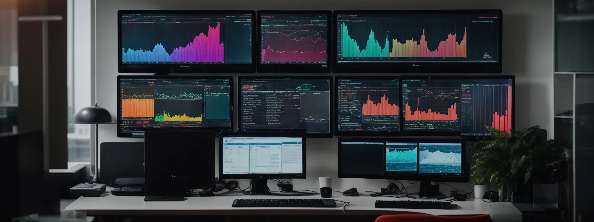 a row of computer screens displaying colorful analytics dashboards in a modern office setting.