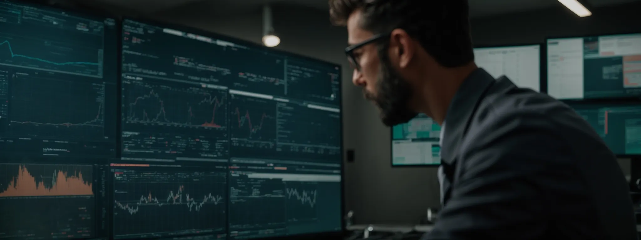 a professional analyzing a bustling digital dashboard that visualizes website performance metrics.