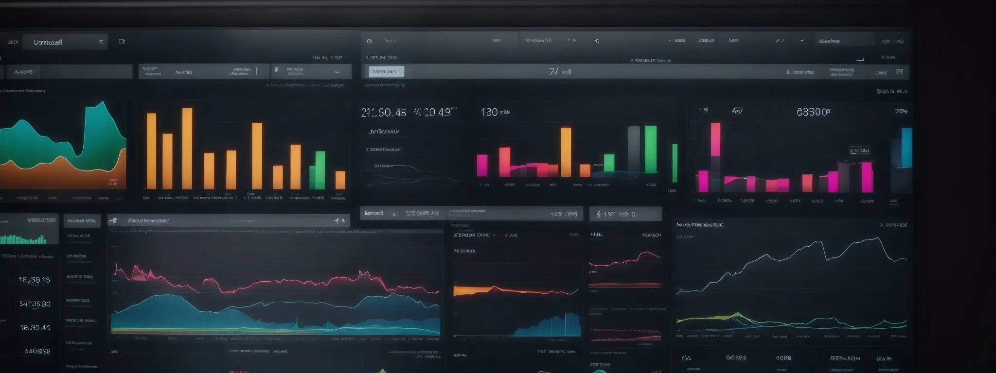 a computer screen shows an open seo analytics dashboard with colorful charts and graphs depicting website performance metrics.