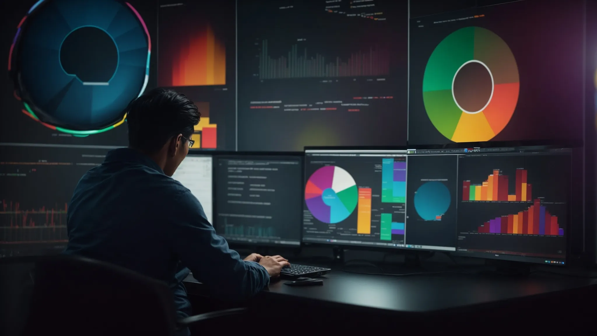 a focused individual analyzing colorful pie charts on a computer screen to optimize a website's performance.
