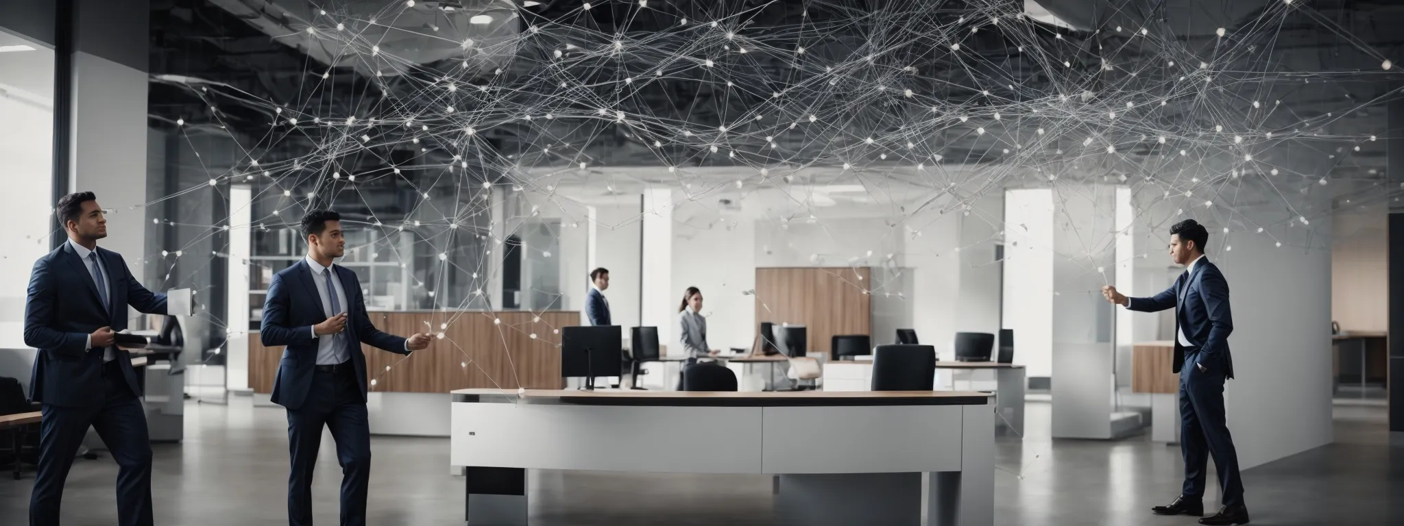 two professionals shaking hands in a modern office with an abstract representation of a global network connecting in the background.