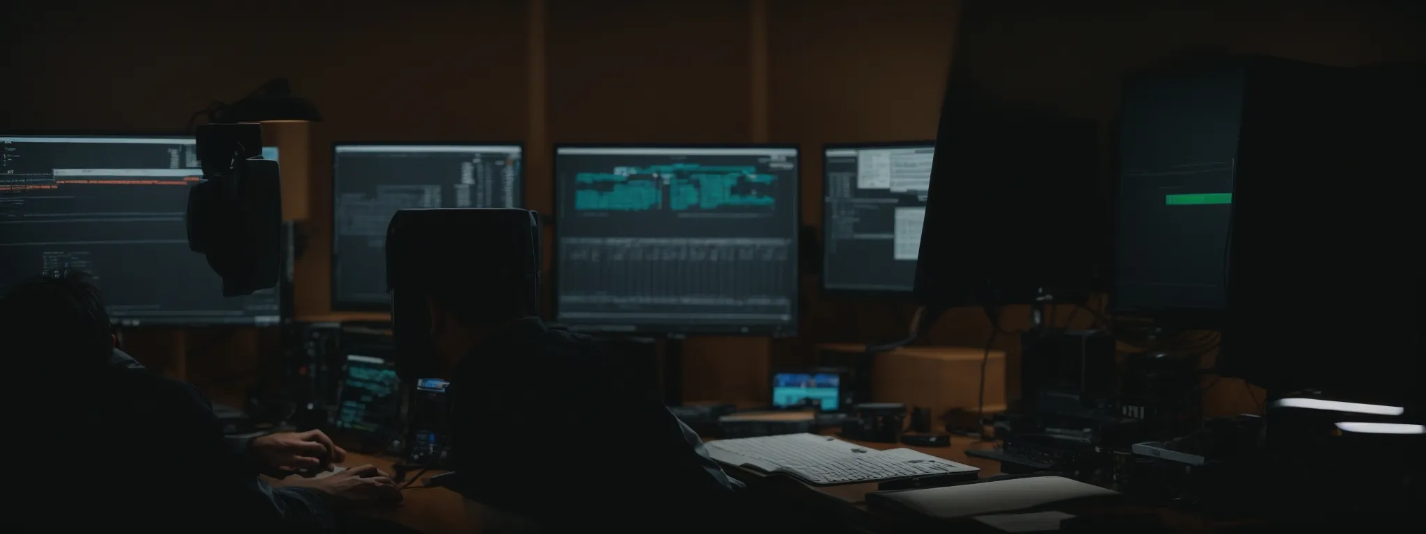 a focused individual sits in front of a dual-monitor computer setup, intently reviewing a webpage's metadata on a content management system.