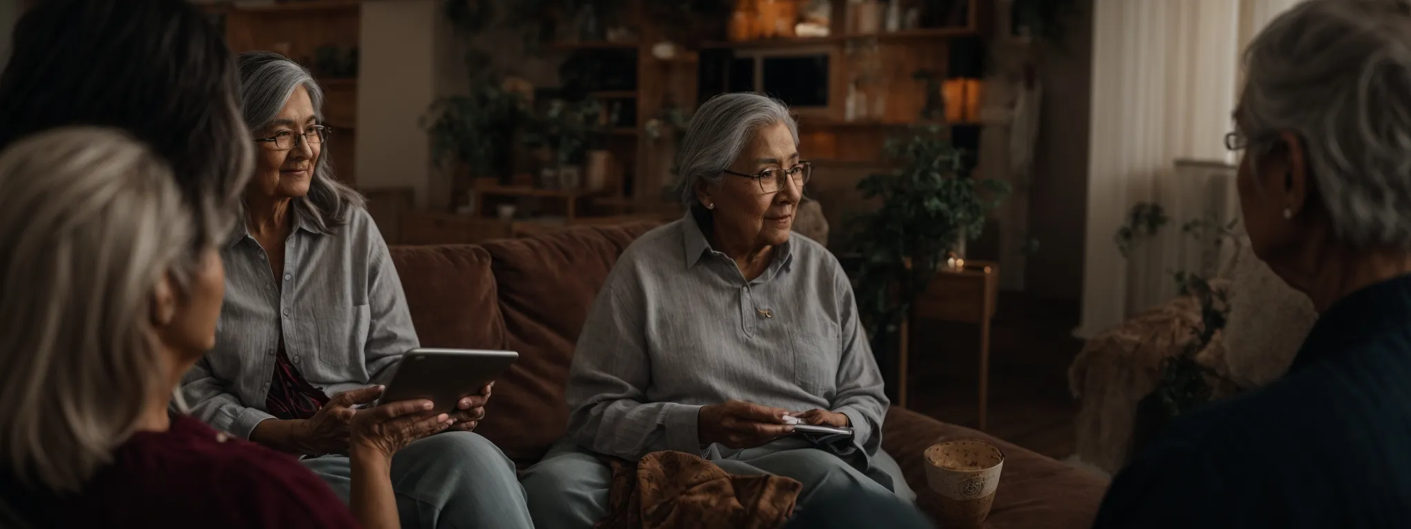 an elder influencer shares a product review on a tablet to an attentive group of seniors in a cozy living room.