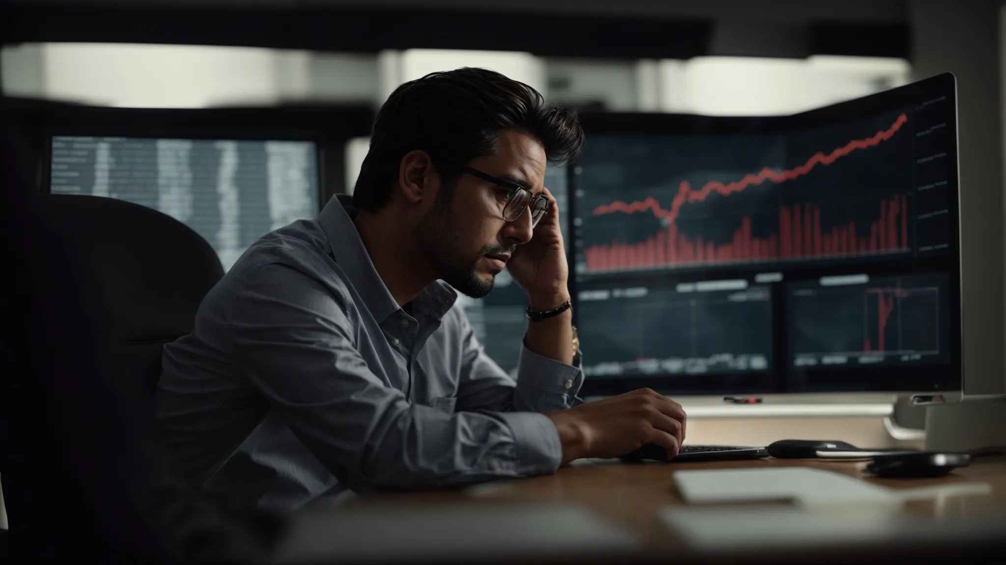 a frustrated marketer staring at a declining traffic graph on a computer screen in a dim office.
