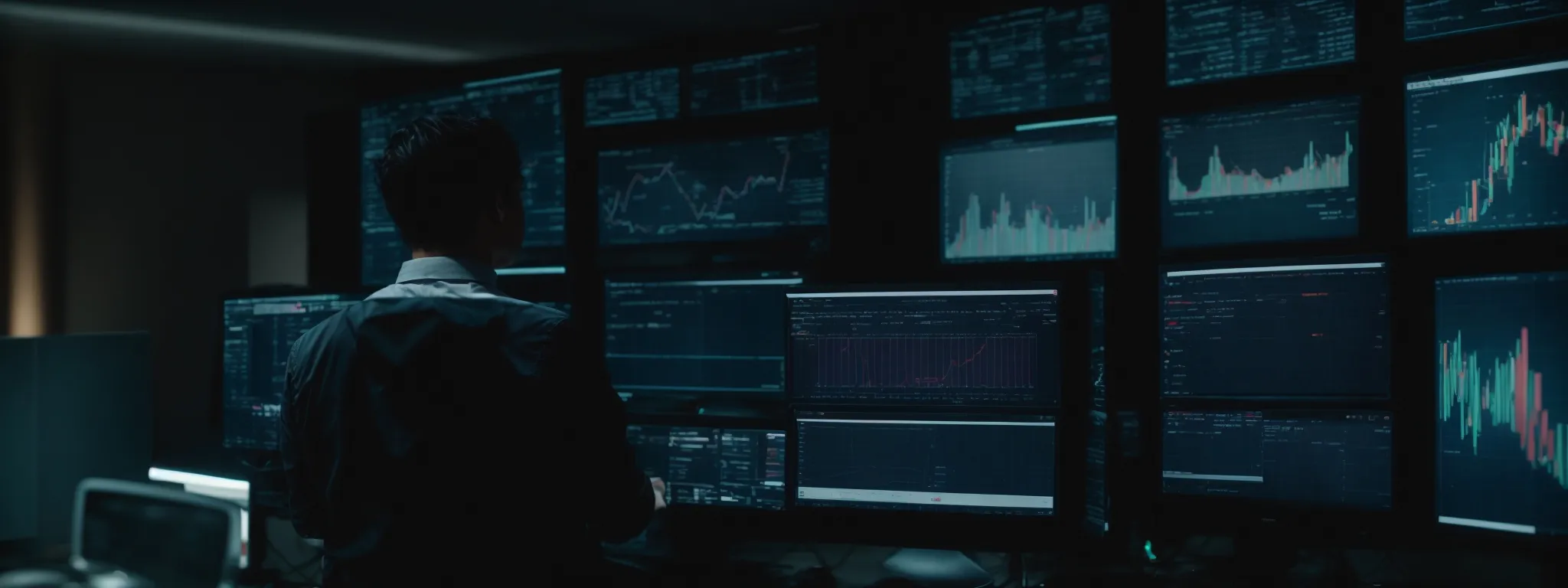 a focused individual navigates through analytical dashboards on a computer screen, optimizing a website's content strategy.