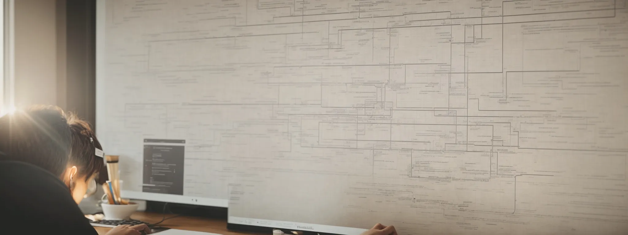 a web developer analyzes a website's architecture diagram to optimize navigation pathways for better seo click depth.