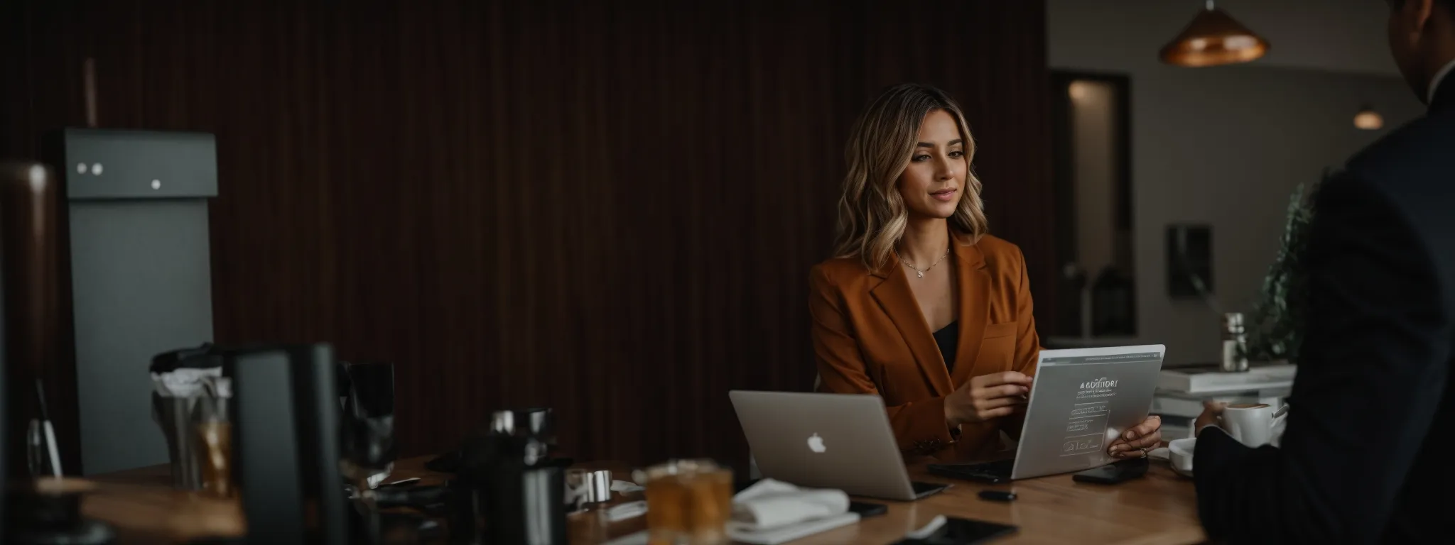 a confident entrepreneur reviewing a glowing testimonial on her website displayed prominently alongside prominent client logos.