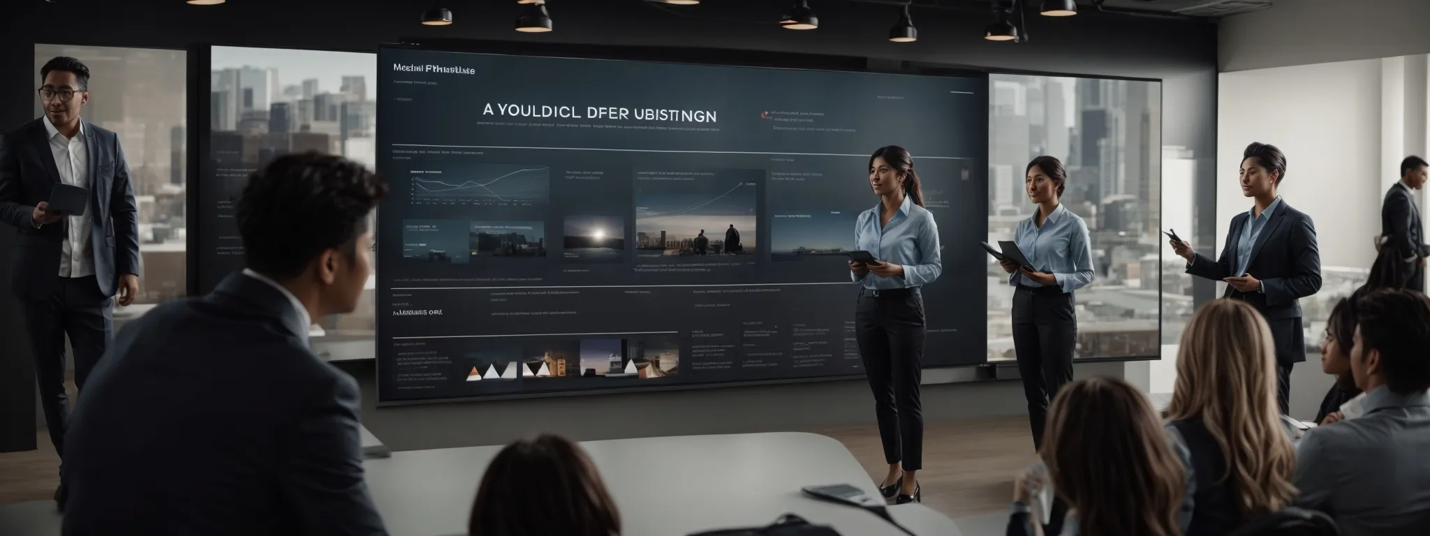a marketer presents a campaign on a large screen to a diverse team while highlighting customer review quotes.