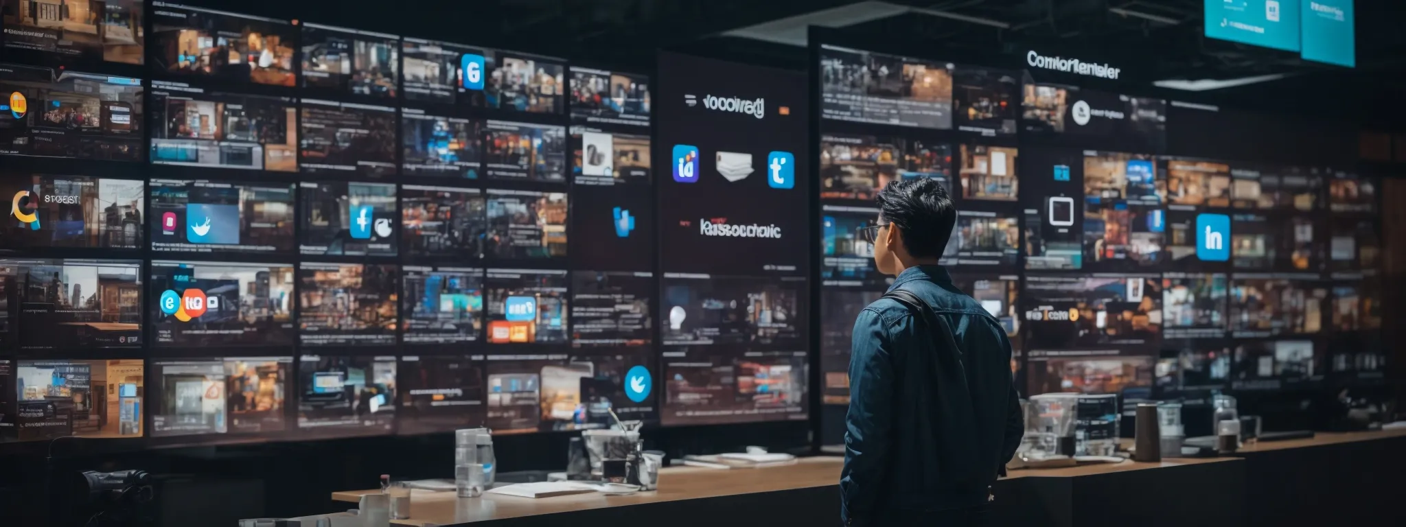 a marketer stands before a large interactive screen displaying various social media and analytics icons while planning a digital strategy.
