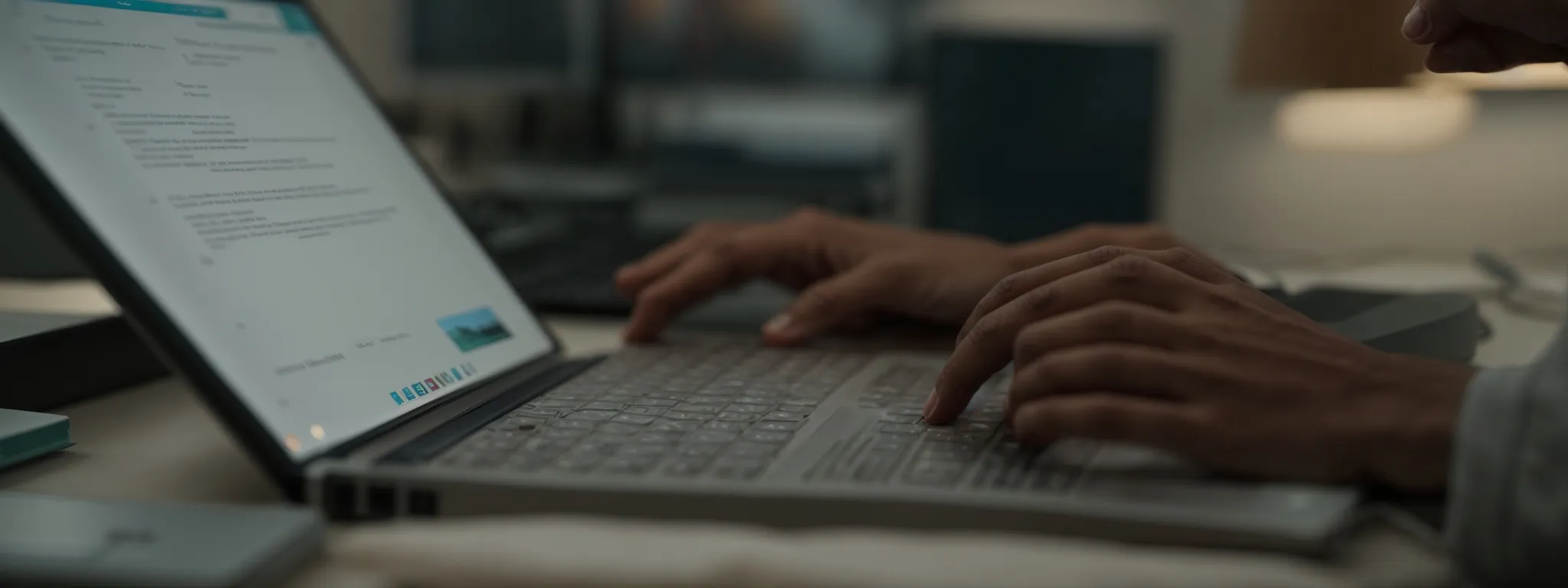 a close-up of a person's hands typing on a laptop with a serene office backdrop.