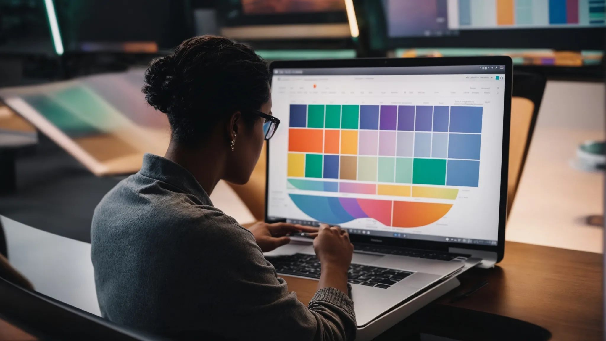 a person analyzing colorful pie charts and graphs on a laptop screen with google sheets open in the background.
