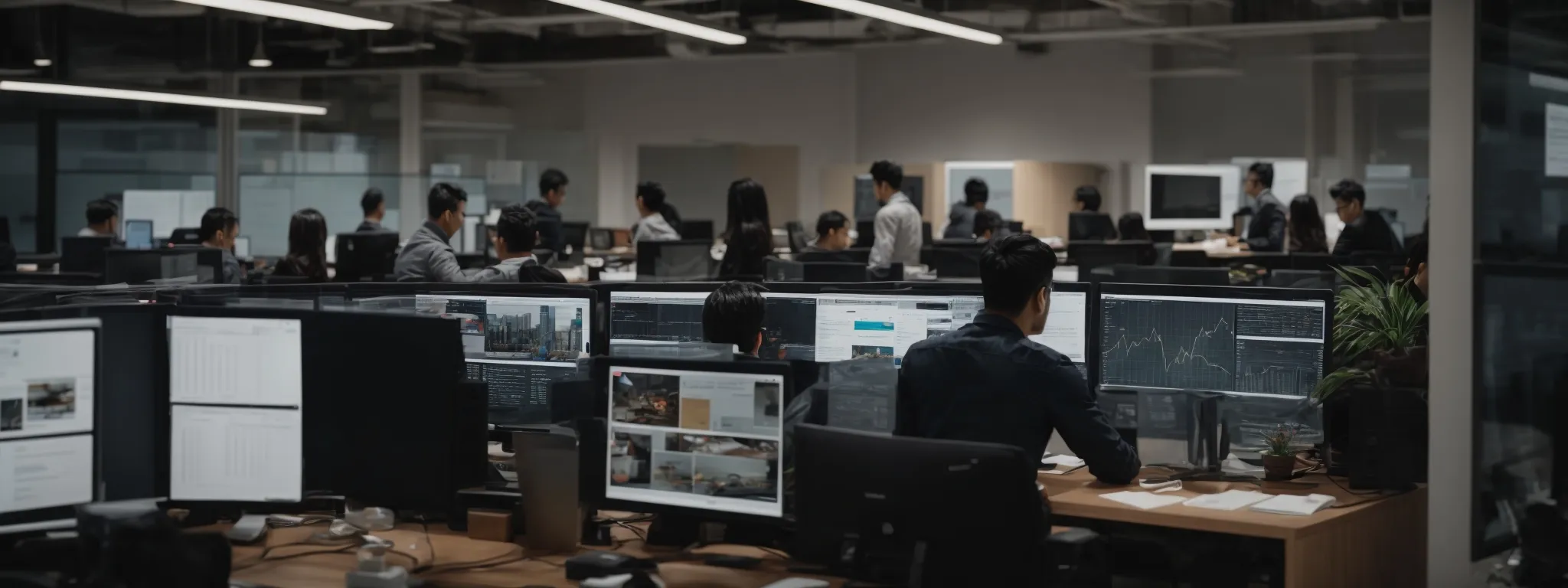 a bustling digital marketing office with teams intently analyzing and enhancing website interfaces on large monitors.
