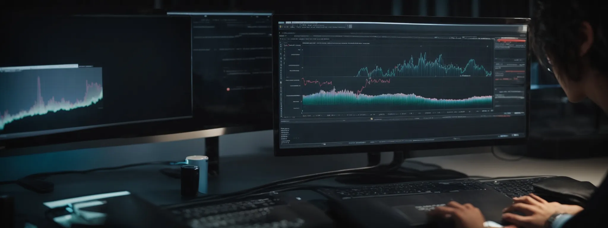 a professional analyzes graphs on a computer screen, optimizing a website's landing page.
