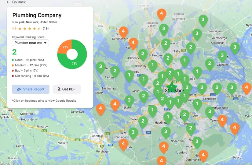 Local SEO heatmap showing keyword rankings for a plumbing company in New York with majority rankings in position 1